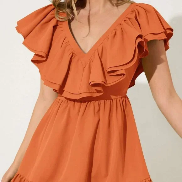 Orange Boho Womens Two Layered Trim Ruffle Hem Dress - Picture 5 of 5